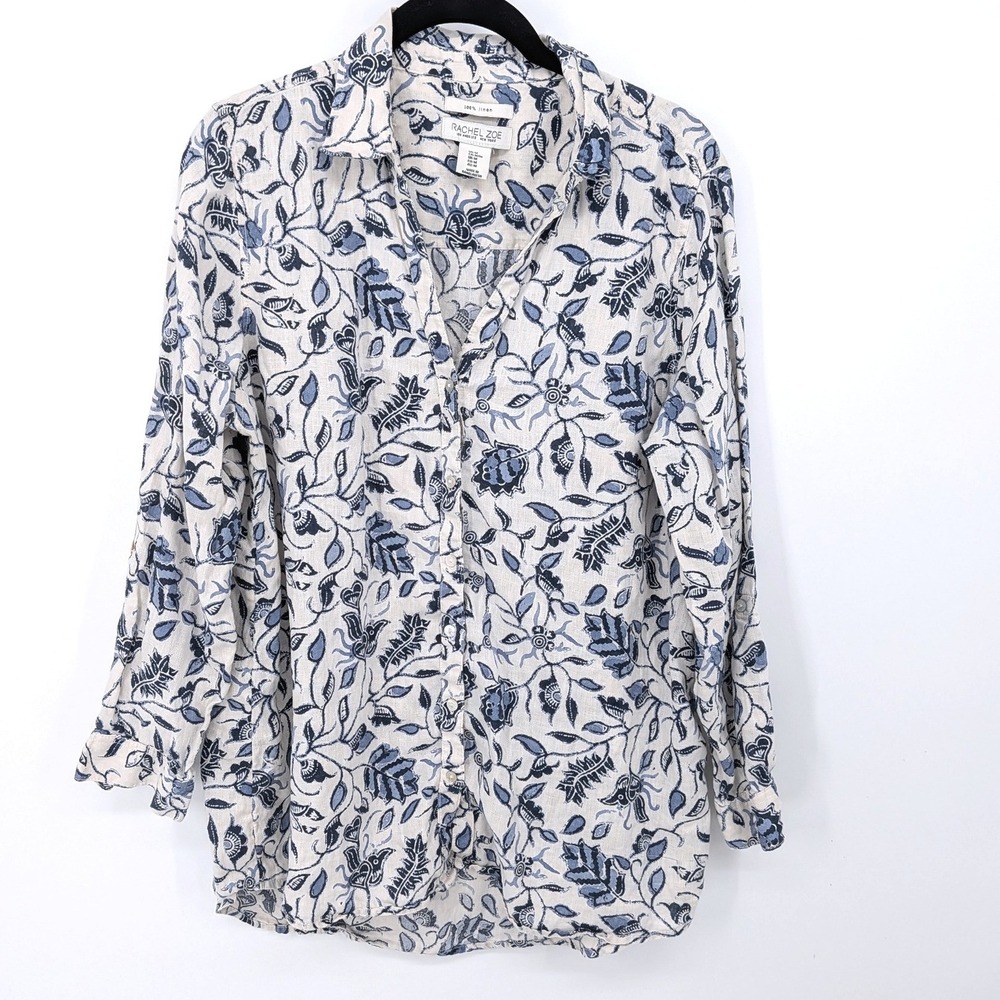 Rachel Zoe Button Down Linen Top Women Medium Blue Floral Long Sleeve Boho Beach